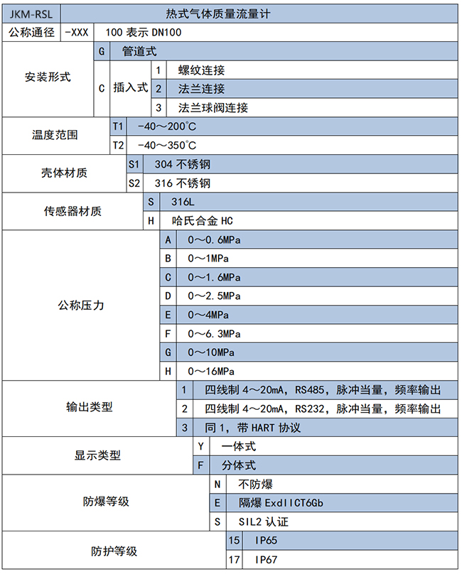 混合氣熱式氣體質量流量計選項表